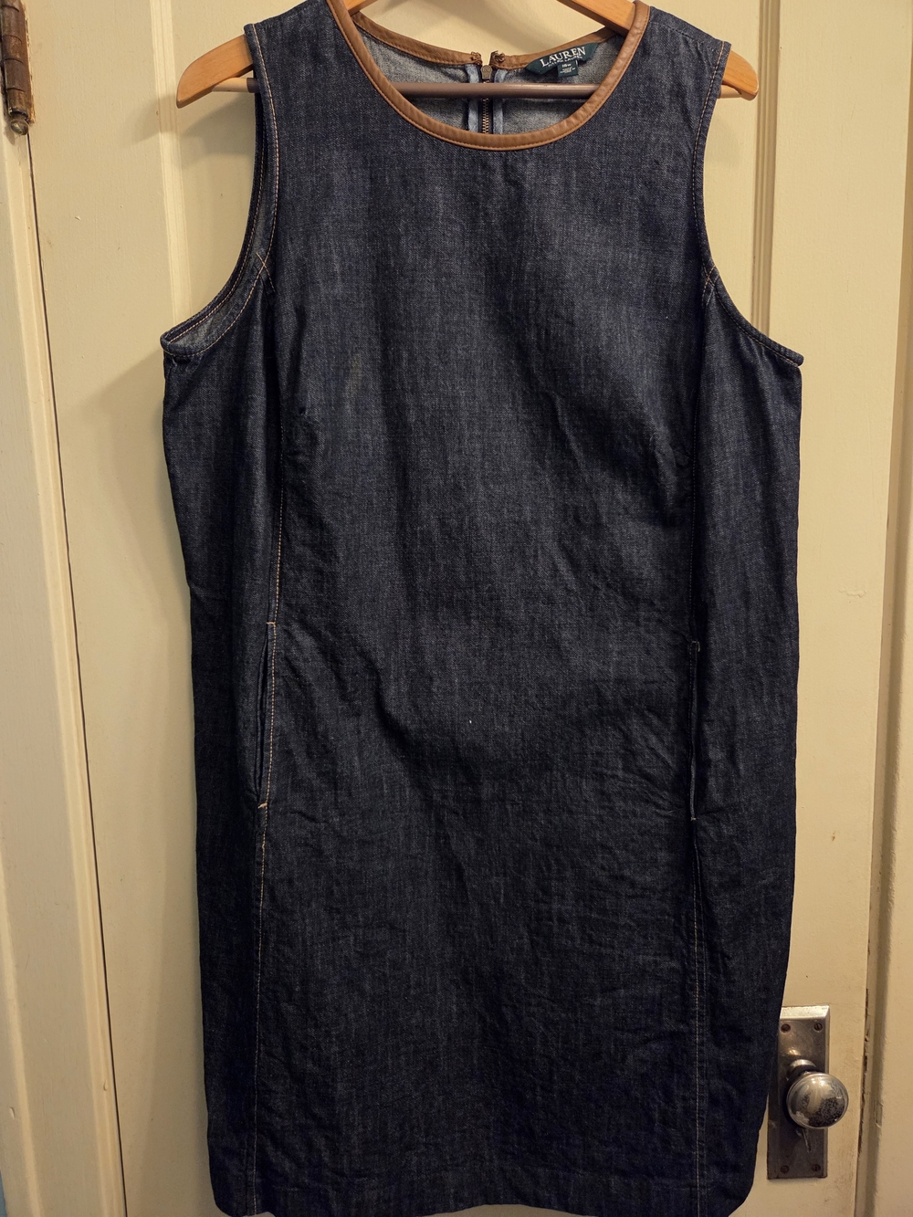 Lauren Ralph Lauren Dark Denim Sleeveless Midi Dress w/ Leather Trim And Pockets